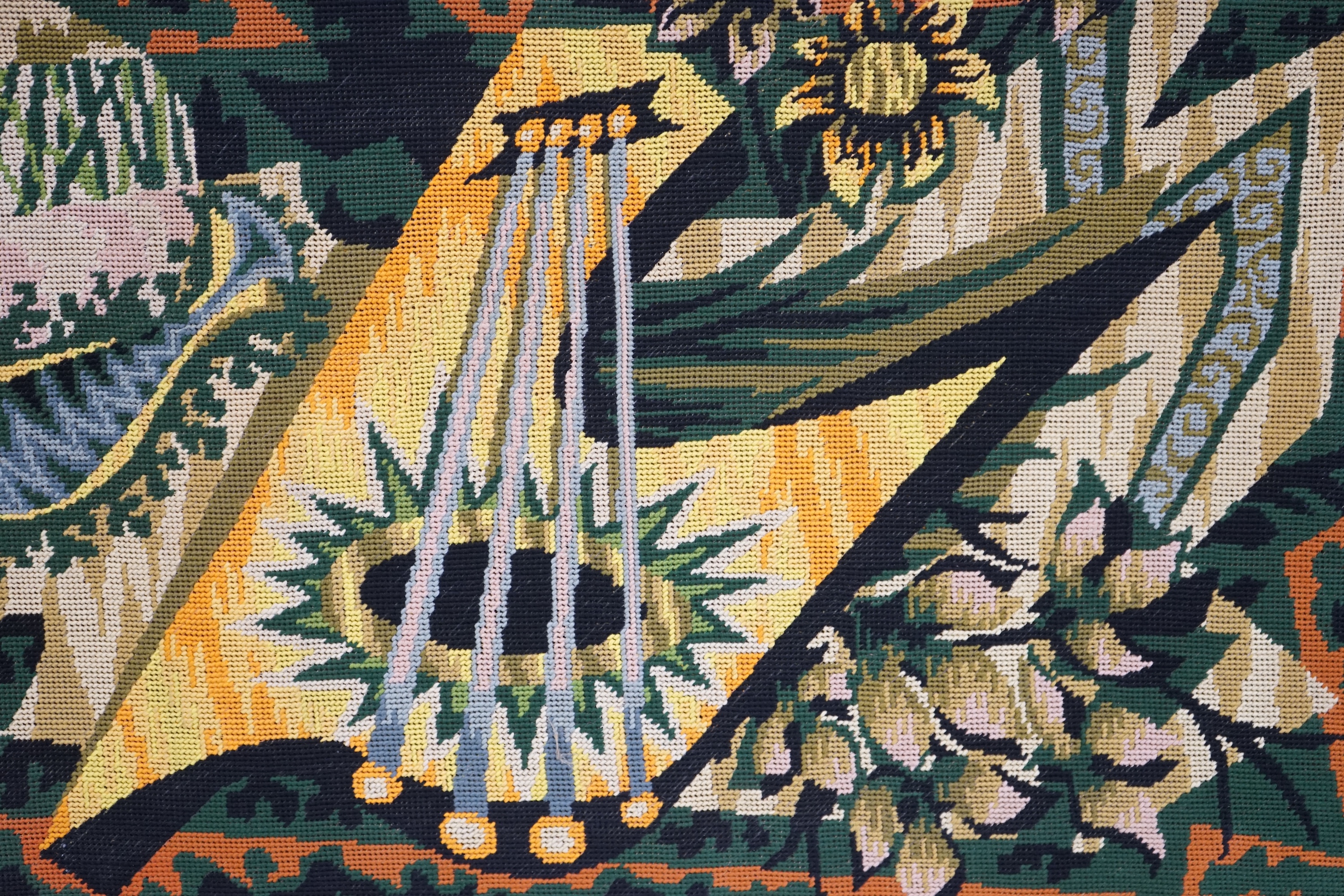 Attributed to Jean Picart Le Doux (1902-1982), 'Paysage avec tournesols et poissons' embroidered needlework tapestry, 48 x 108cm. Condition - good